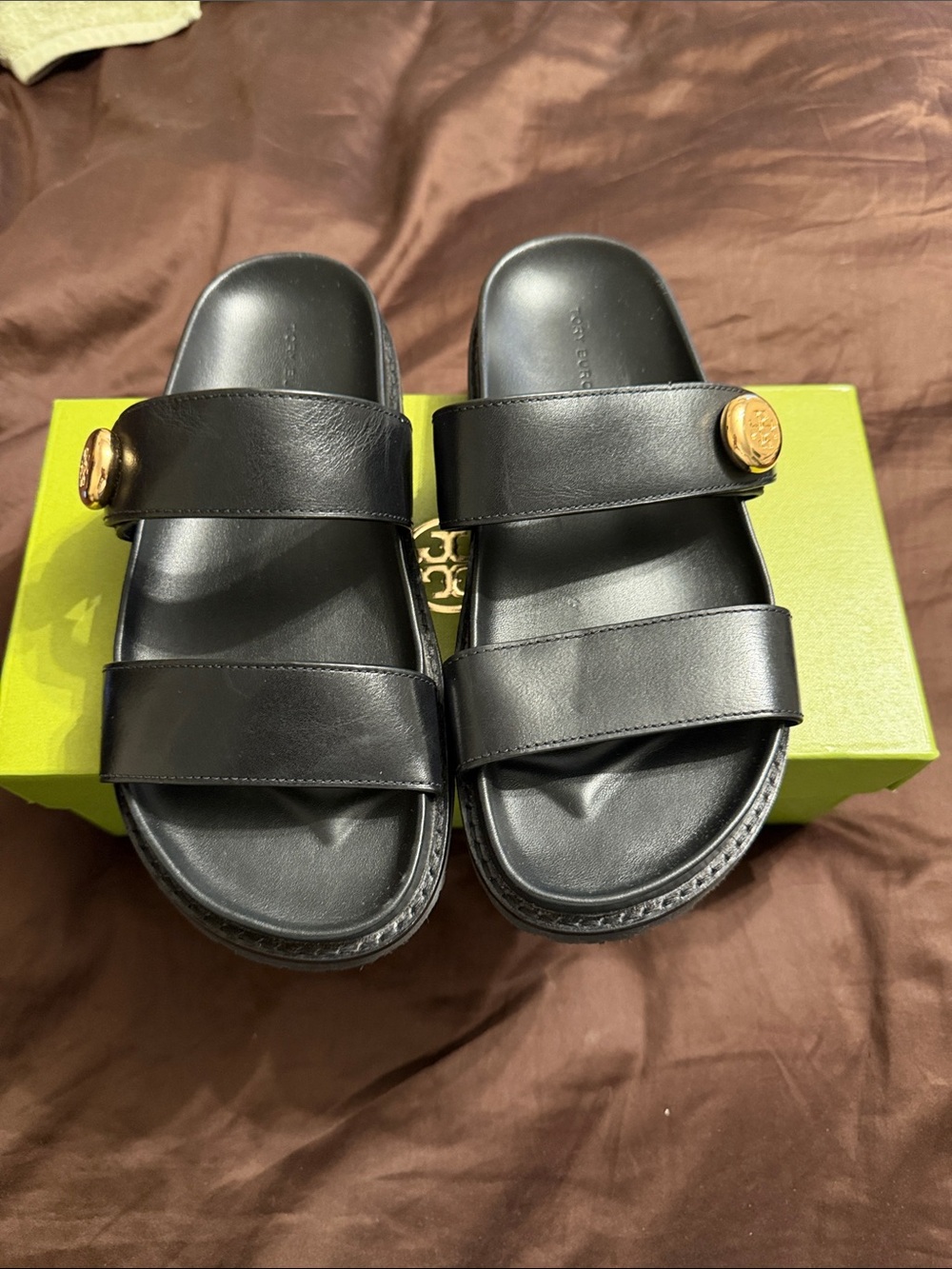 Tory Burch Black Double-Strap women’s Slide Sandals with Gold Button Accent